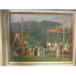 Circle of Sir Alfred Munnings (1879-1959), Fairground scene with gallopers and swing boats, oil on