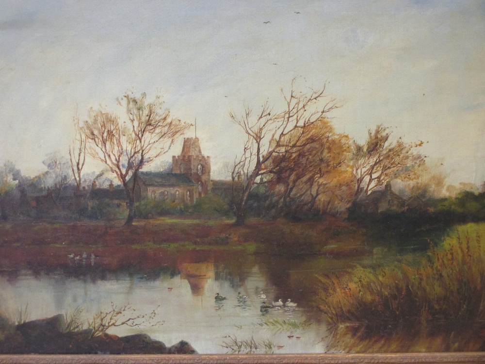 Albert Edward Boher (1865-1938), Church in countryside with river ducks in foreground, oil on