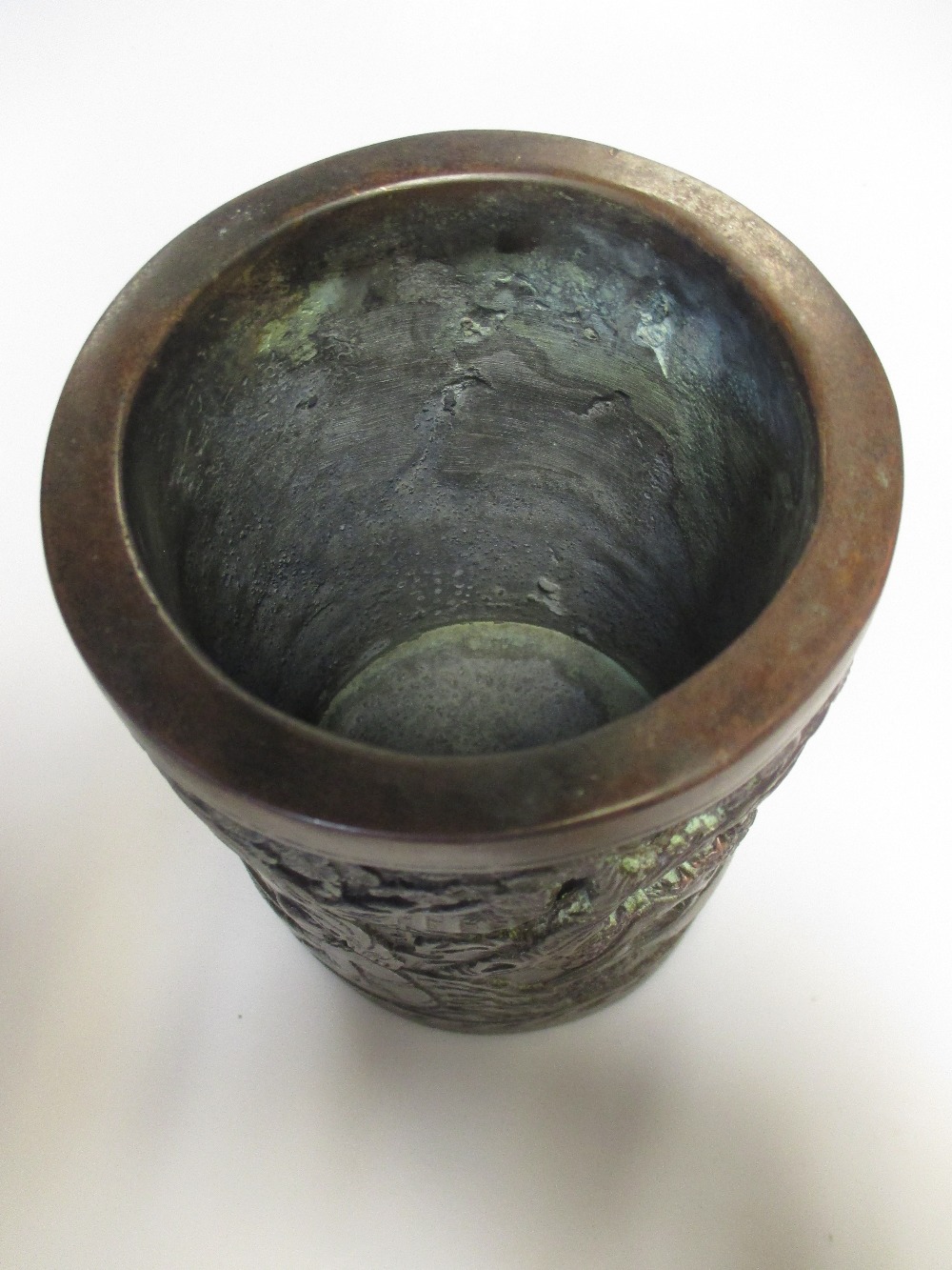 A Chinese copper relief cast cylindrical brush pot - Image 3 of 4