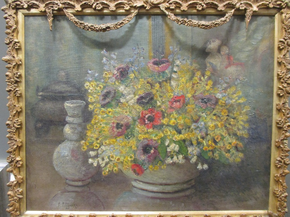 P Pissarro (19th Century), Still life of delphiniums, larkspur and anemones, signed lower left "P