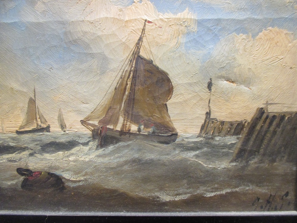 *** GHS (British, 19th Century), Sailing ships in stormy weather, both signed lower right "GHS", oil