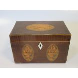 A Sheraton period mahogany and shell inlaid tea caddy