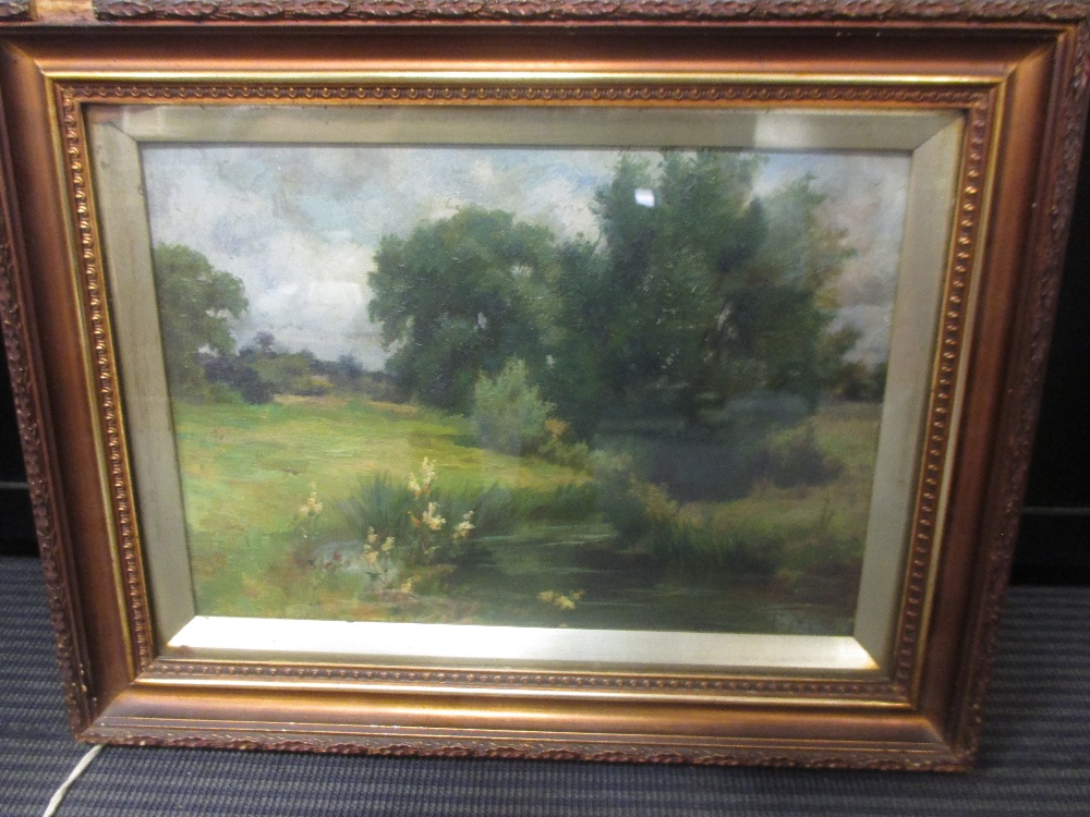 English School (19th century) River Landscape, oil, signed with initials 'F.M' and dated '98', 24