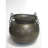 A bronze cauldron together with a Danish plate two handled bowl