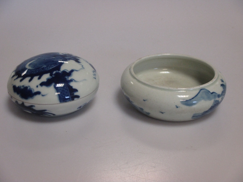 A Chinese blue and white seal ink box together with a shallow bowl