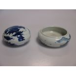 A Chinese blue and white seal ink box together with a shallow bowl