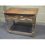 A late 17th century oak side table with geometric moulded drawer fronts, 70 x 93 x 53m