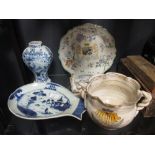 Three Delf tiles, a 'Delft' vase, a Faience plate, a Faience planter and a Chinese export fish plate