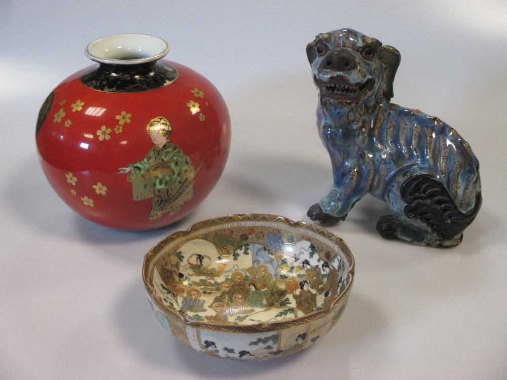 A Satsuma bowl decorated with geisha and immortals within a landscape together with a porcelain