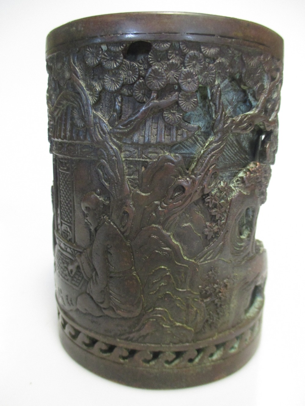 A Chinese copper relief cast cylindrical brush pot - Image 2 of 4