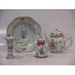 Two 18th century Chinese famille rose teapots, a pair of Samson trumpet shaped vases & various other