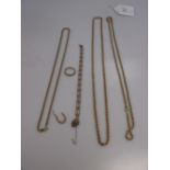 Three 9ct rope chains, a 9ct gate bracelet, a dress ring stamped '9ct' and a pair of earrings