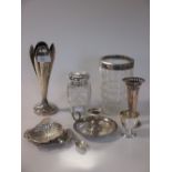 A silver chamber stick, two silver specimen vases and other small silverwares