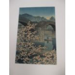 Hasui Kawase (1883-1957), Spring evening Kintai bridge, and Takeji, Evening shrine, two card mounted