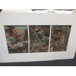 Yoshitoshi Tsukioka (1839-1892), Lord Hideyoshi attacking Korea, woodblock triptych on mounts