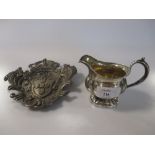 A Russian silver cream jug and a continental silver pin tray in the form of the Coat of Arms of