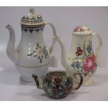 Two 18th century pottery coffee pots and a Whieldon type tea pot