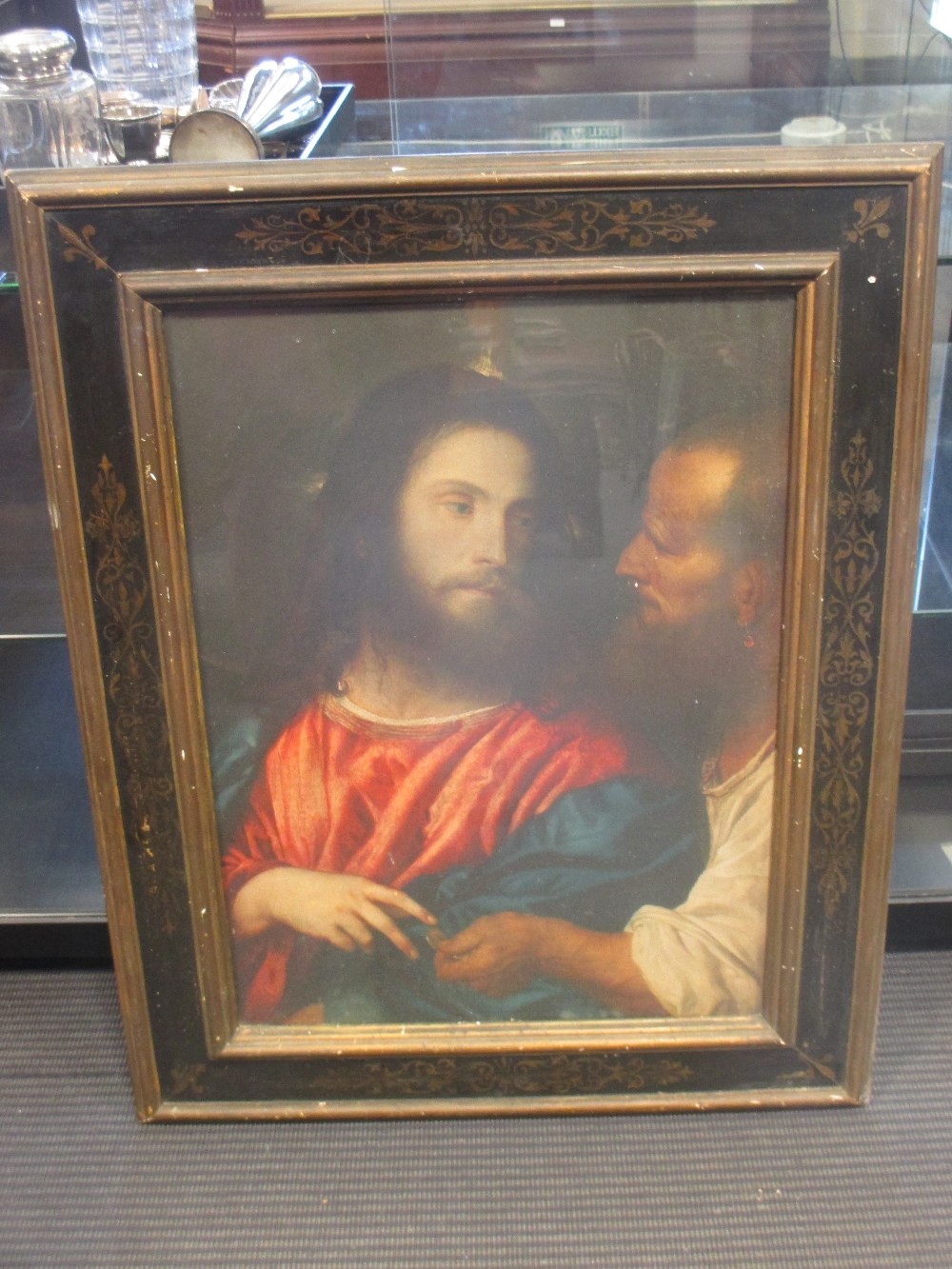 After Titian 'Christ', coloured print in an Italian ebonised frame