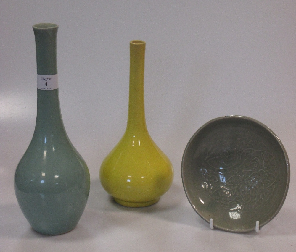 Two Chinese yellow ground bottle vases and a collection of Celadon wares (7)