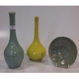 Two Chinese yellow ground bottle vases and a collection of Celadon wares (7)