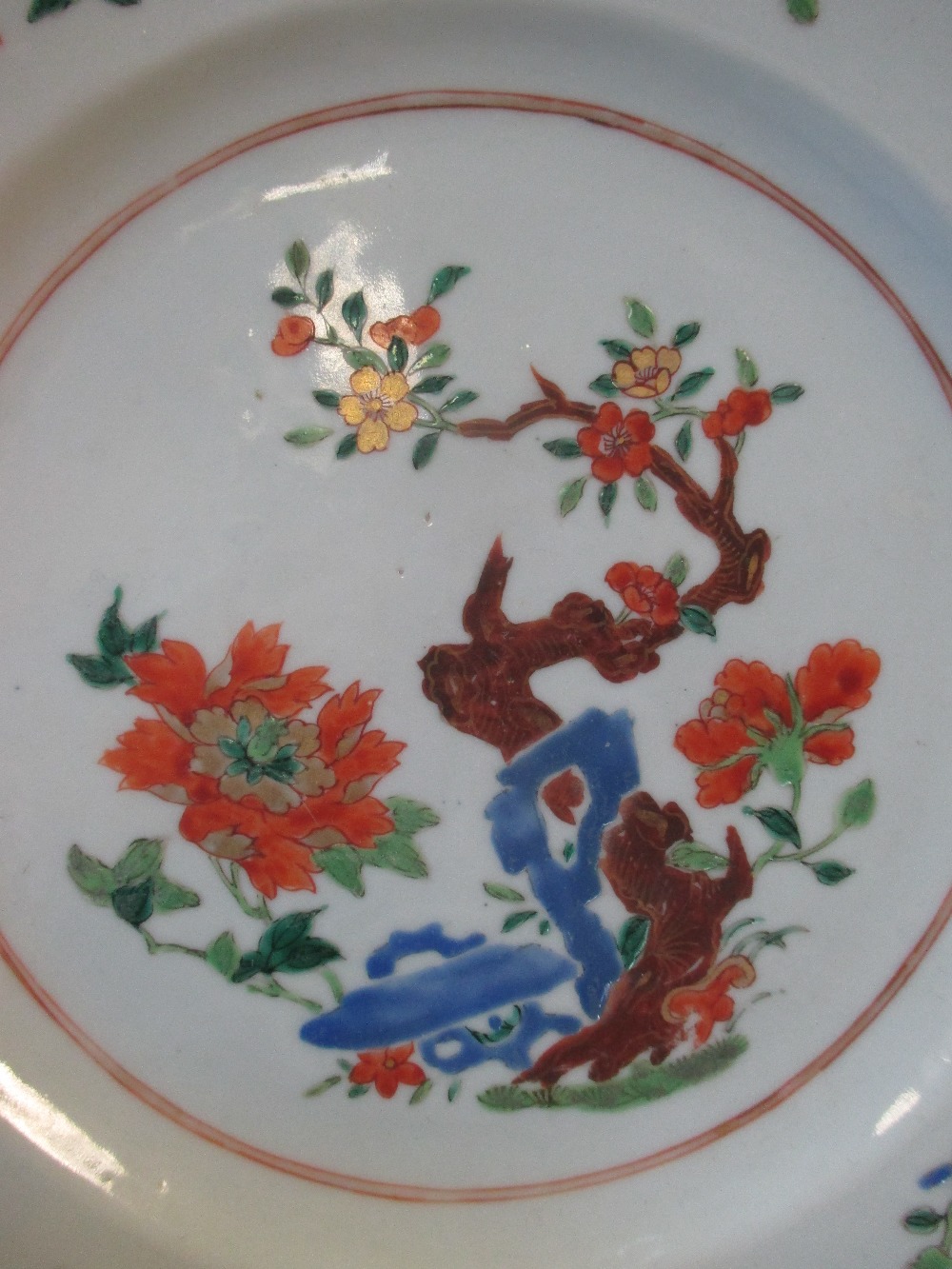 An 18th century Chinese famille verte plate, 23cm, another blue and white together with two tea pots - Image 3 of 4