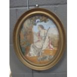 A George III oval silk and wool work picture depicting a shepherdess in a landscape, 30 x 24 cm