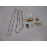 A collection of 9ct jewellery including three signet rings, two wedding rings, two chains, a brooch,