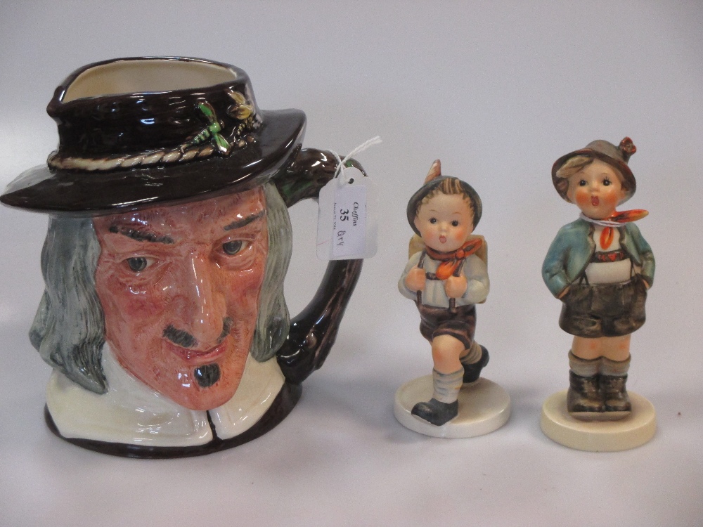 Twenty Hummel figurines, one large Doulton character jug 'Compleat Angler', five small character