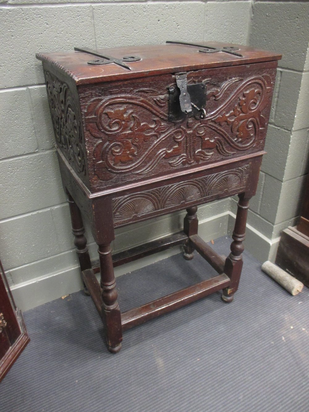 An oak bible box on later stand