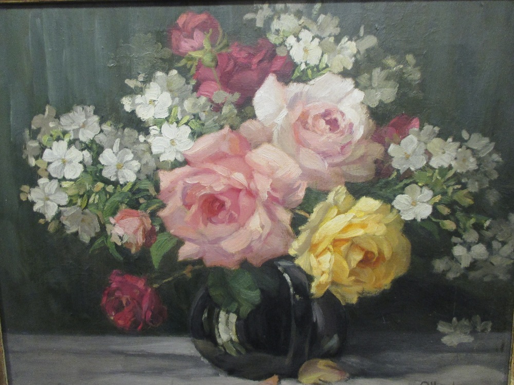 C. Houston - Still life of roses in a jug - oil on canvas in a period carved frame, 34 x 45cm