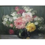 C. Houston - Still life of roses in a jug - oil on canvas in a period carved frame, 34 x 45cm