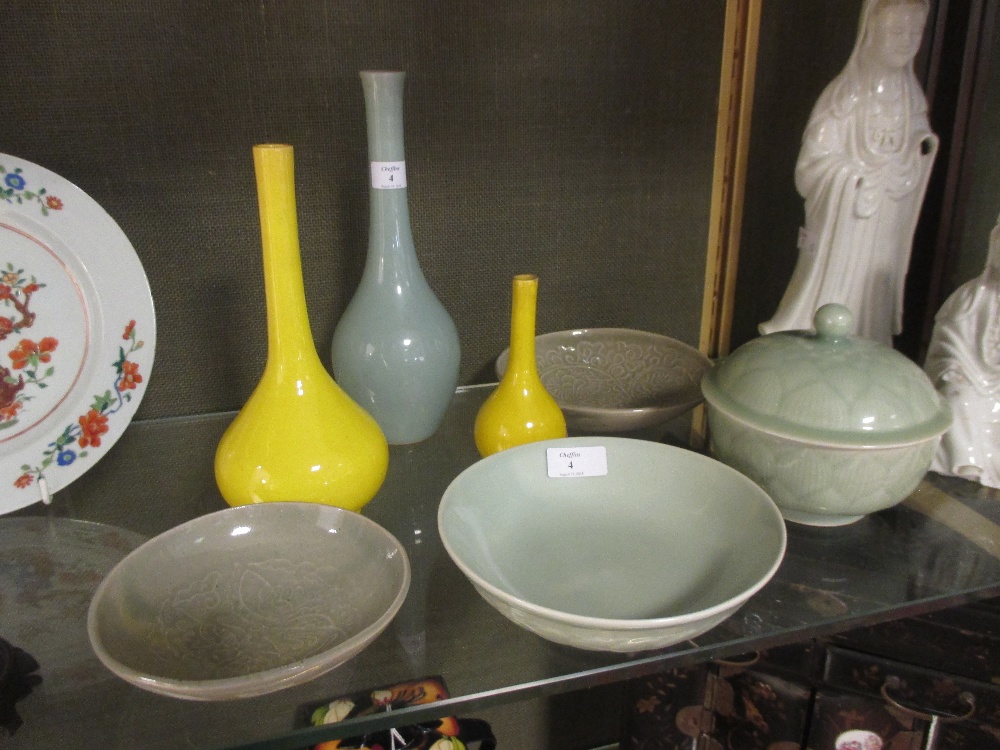 Two Chinese yellow ground bottle vases and a collection of Celadon wares (7) - Image 4 of 4