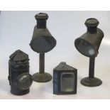 A pair of candle lamps, a hand-held miner's lamp and another, Hebbert & Co, refurbished Farwic