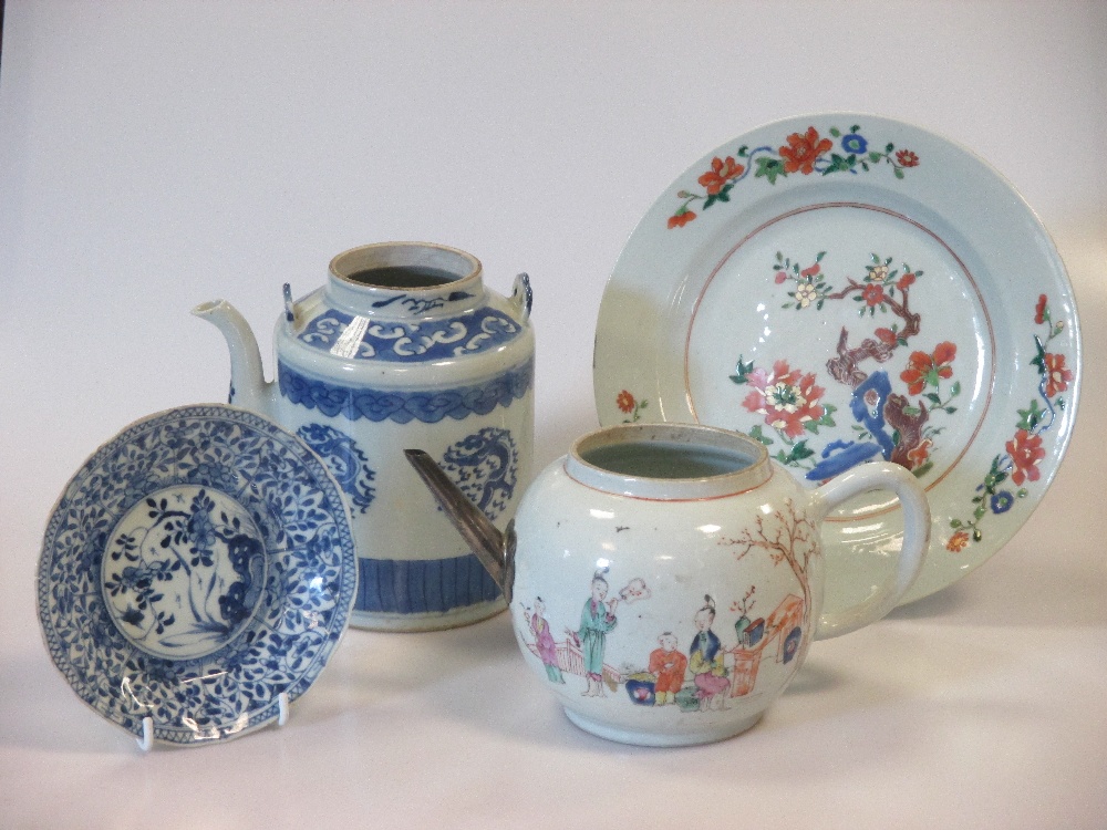 An 18th century Chinese famille verte plate, 23cm, another blue and white together with two tea pots