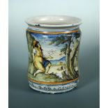 An 18th century Castelli maiolica albarello, the waisted cylindrical body inscribed around the