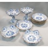 A Meissen blue and white onion pattern dessert service, circa 1900, comprising two pedestal