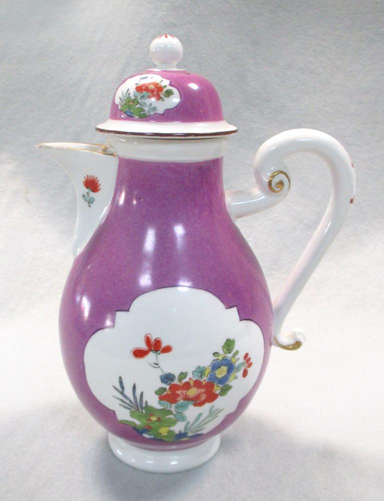 An 18th century Meissen purple ground milk jug and cover, circa 1740, the body reserved with two - Image 4 of 4