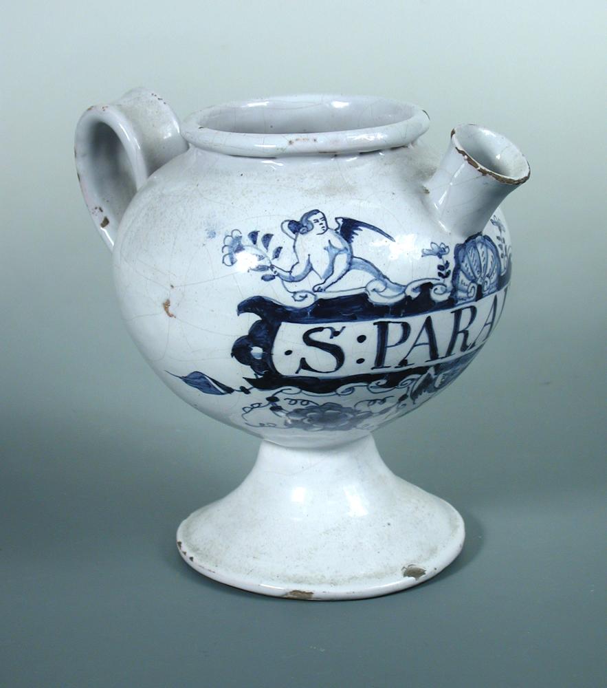 An early 18th century English Delft blue and white wet drug jar, probably Lambeth, the bulbous