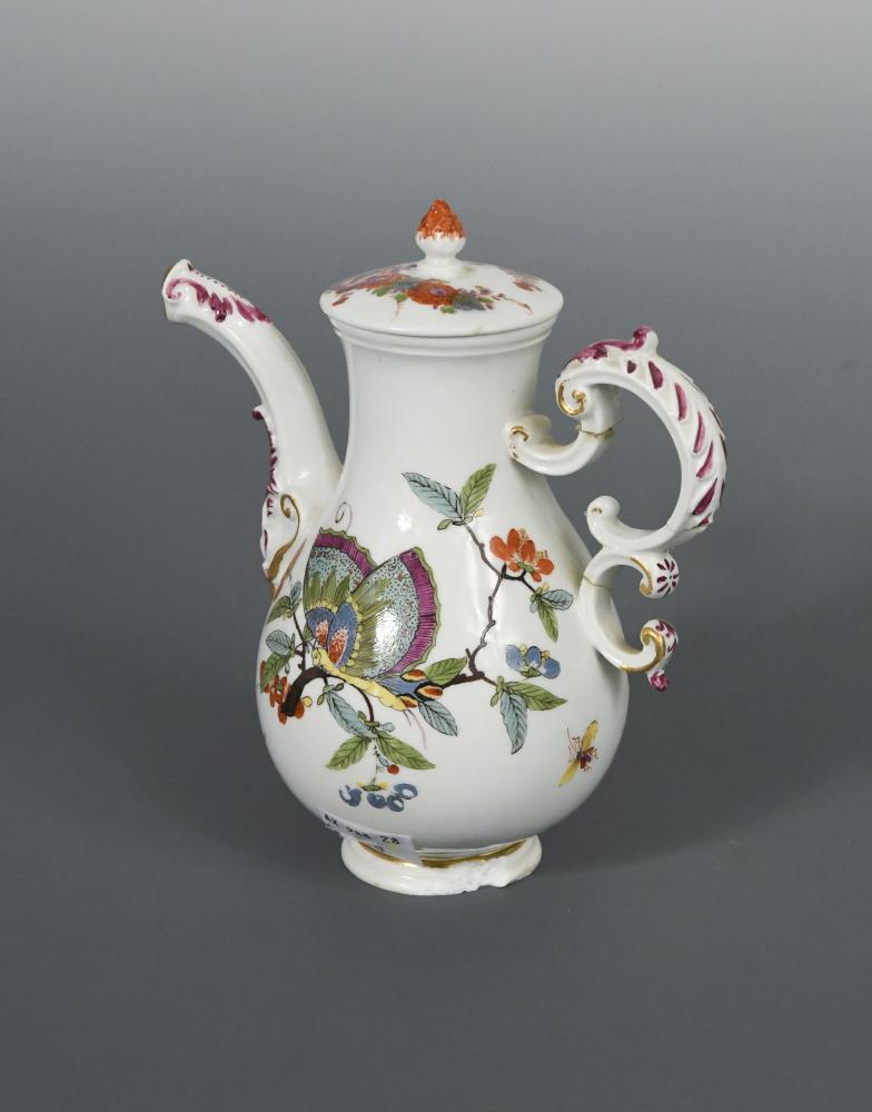 An 18th century Meissen mocha pot and cover, circa 1740, decorated in the Kakiemon style with the '