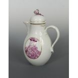 A Meissen coffee pot and cover, the pear shaped body painted with two oval panels in puce camaieu
