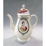 An 18th century creamware coffee pot and cover, probably Leeds, the pear shape body painted with the