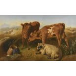 After George William Horlor (British, 1823–1895) Two calves and a sheep by an upturned bucket