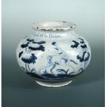 A rare Talavera faience blue and white pharmacy jar, circa 1625, the globular body inscribed 'N.R.