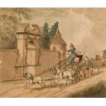 Attributed to Thomas Rowlandson (British, 1756–1827) A lady driving a high perch phaeton drawn by
