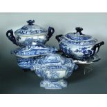 A 19th century Stevenson pottery blue and white two handled tureen, cover and stand, printed with