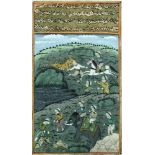 Mughal miniature paintings, 19th Century Tiger and deer hunt with hunters riding in on a horse and