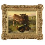 George William Horlor (British, 1823–1895) Two calves, a bitch and a puppy by a basket of vegetables