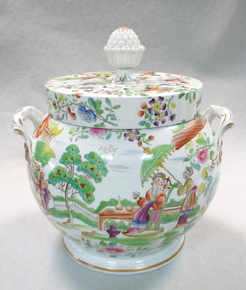 A Regency pearlware two handled pot pourri vase and cover, probably Spode, the ovoid body printed