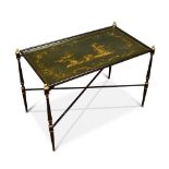 A Regency japanned tray on a folding ironwork stand, painted with Chinoiseries on a green ground