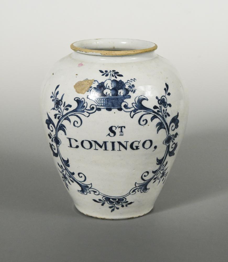 An 18th century Delft blue and white wet drug jar, the ovoid body inscribed 'St Domingo' within a